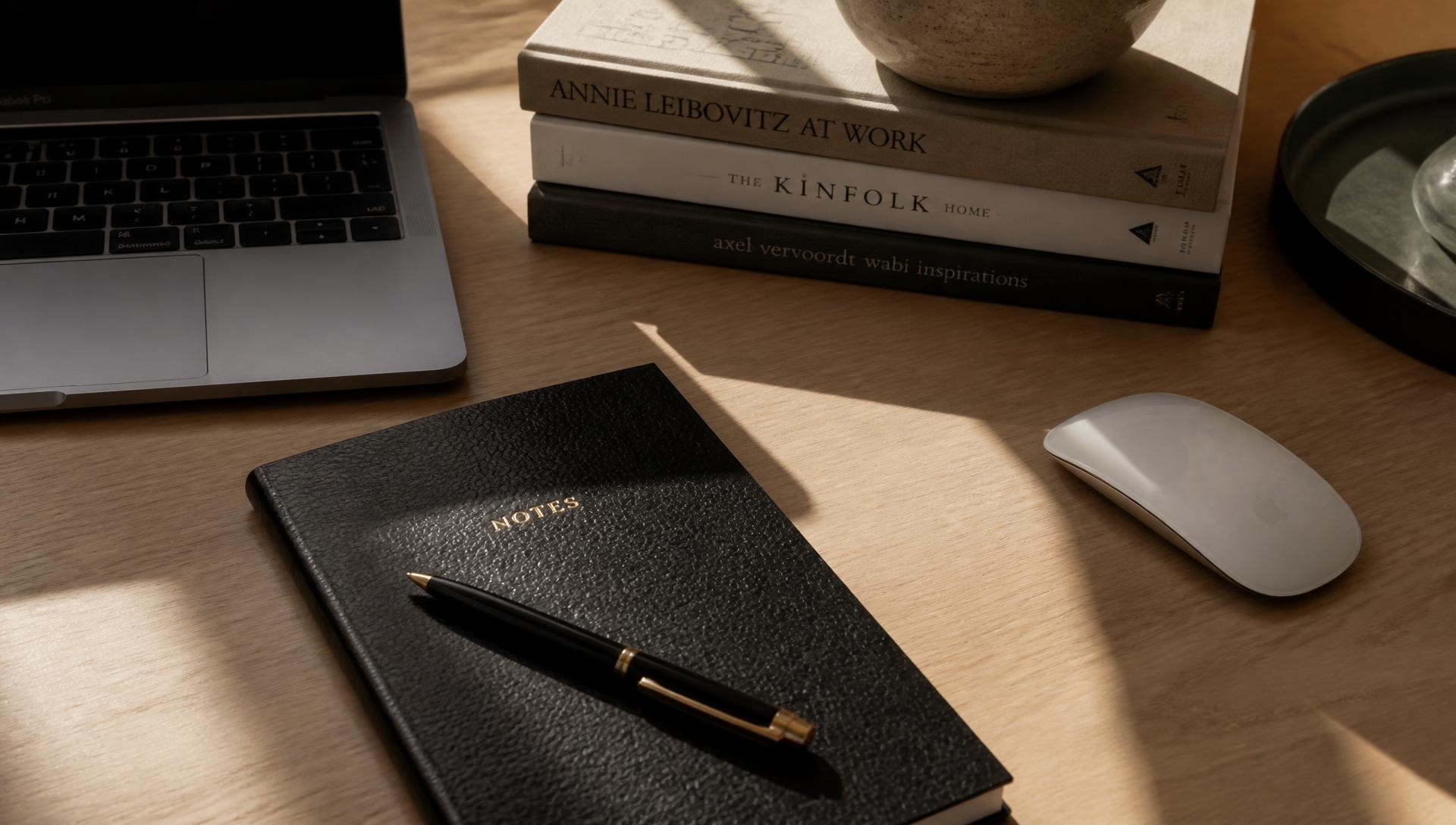 Détails de bureau haut de gamme : carnet, stylo, souris, MacBook et livres de design sous une lumière naturelle rasante