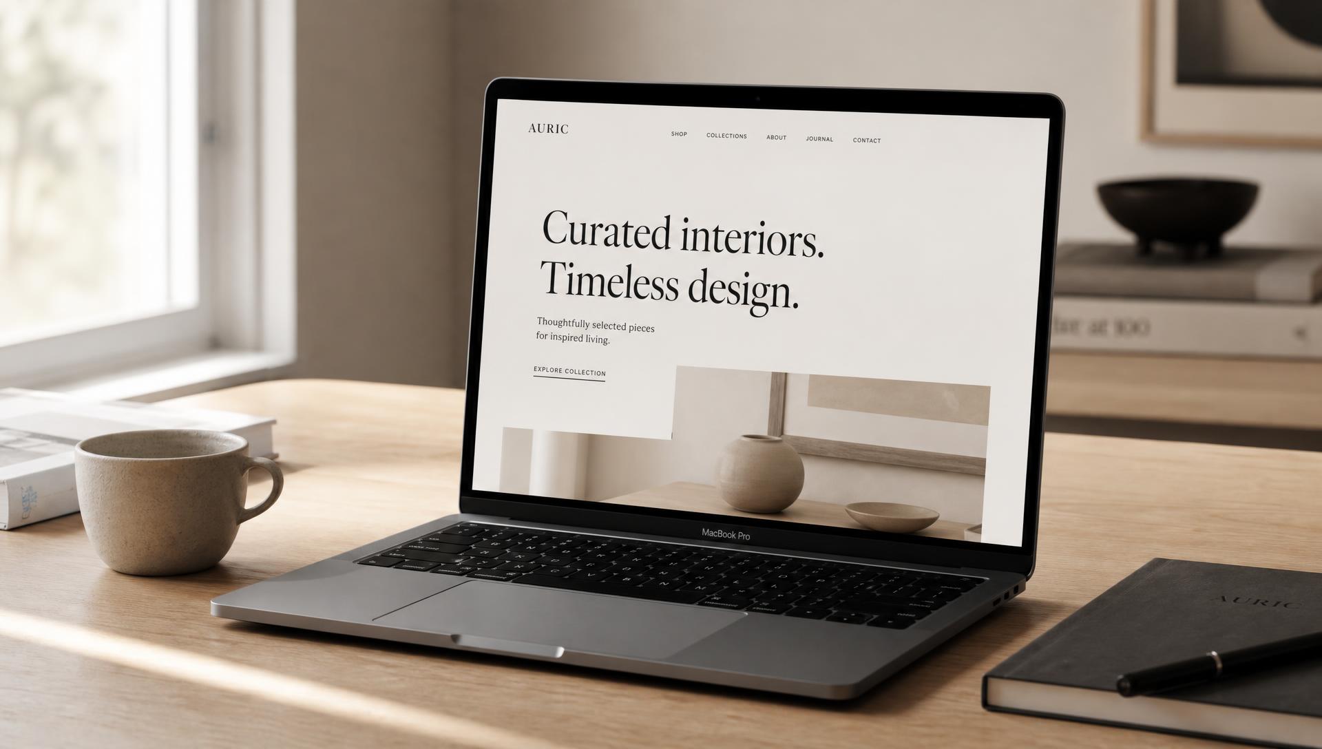 MacBook posé sur une table en bois clair affichant un site internet minimaliste