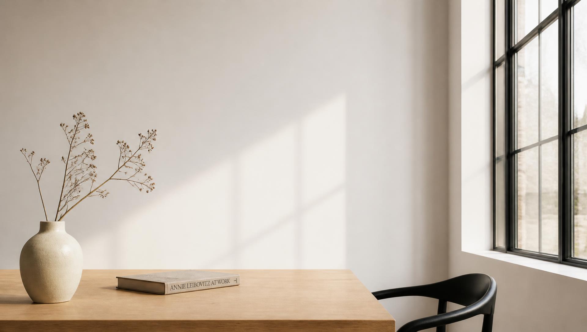 Espace de travail minimaliste avec grande fenêtre, mur blanc et table en bois clair